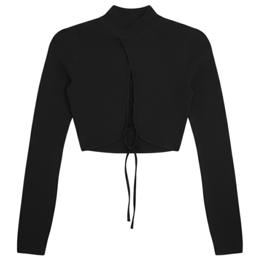 ASTR The Label Black Long Sleeve Lace Up Mock Neck Crop Sweater NWT - Picture 3 of 9